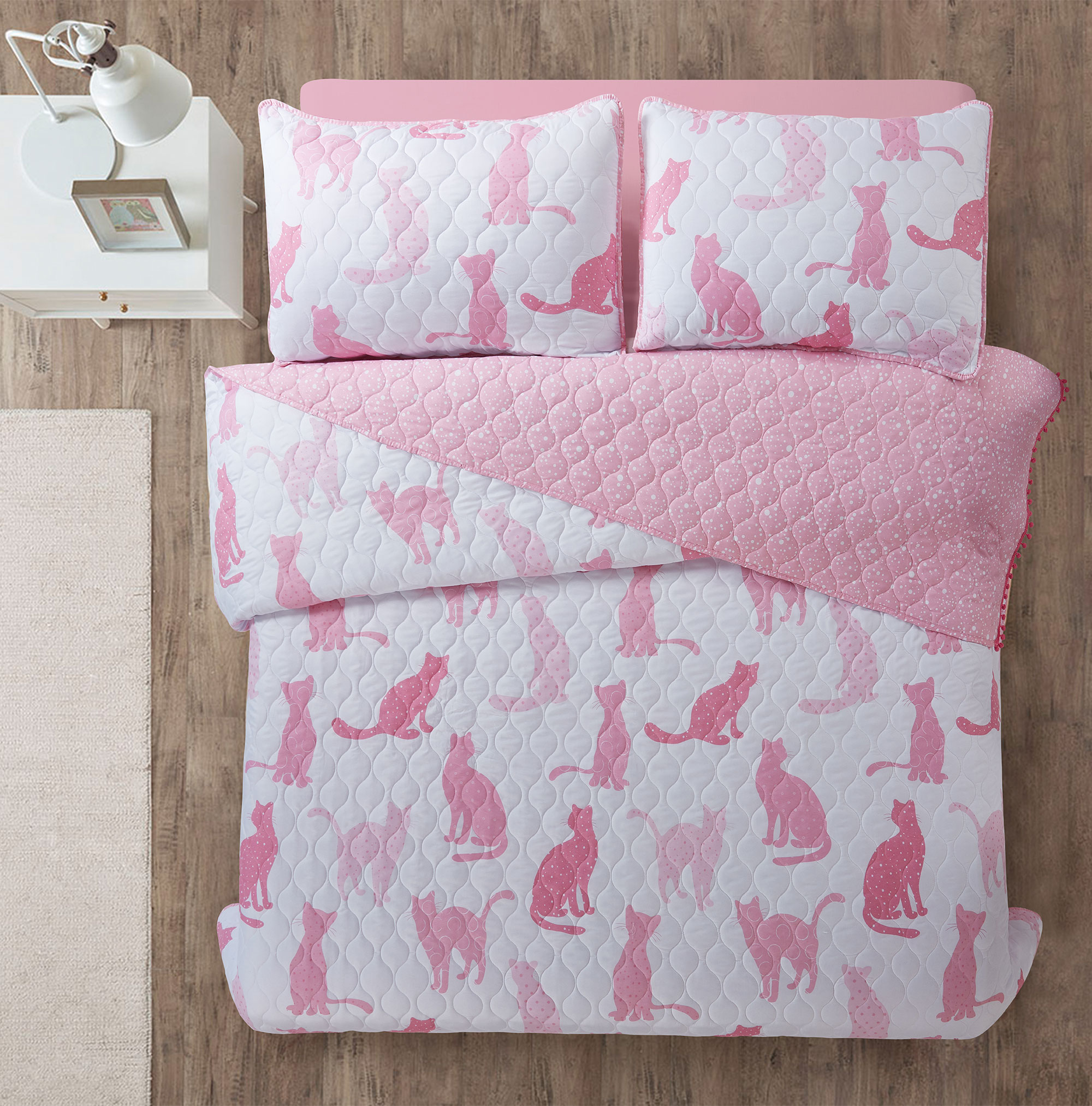 Printed cat stitching 3pc quilt set with pop edge