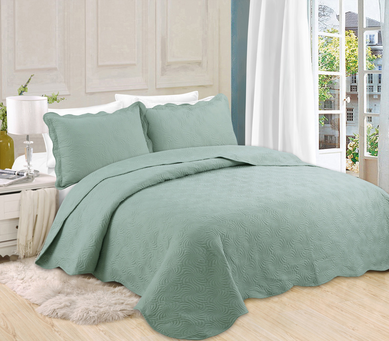 Solid super soft embroidery scallop edge 3pc quilt set